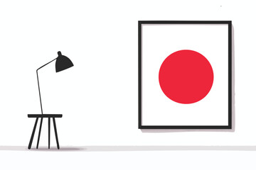 A minimalist interior design features a framed artwork displaying the Japanese flag alongside a modern black lamp and stool against a clean, white wall.