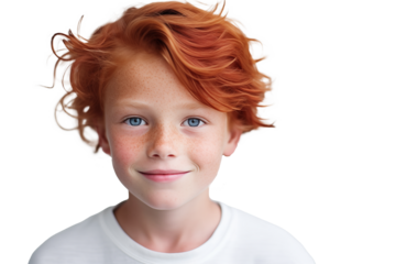 Close up portrait of red haired little boy against transparent png background.