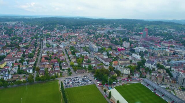 Aerial panoramic view of the old town city Winterthur in Switzerland on a cloudy morning day in summer