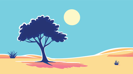A vibrant illustration showcases a stylized savanna landscape featuring a silhouetted tree, rolling dunes, and a bright sun under a clear, azure sky, creating a serene, desert scene.