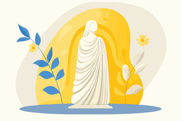 An artistic illustration features a classical white statue draped in flowing fabric, set against a vibrant yellow and blue abstract backdrop with floral elements, suggesting serenity.