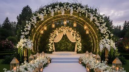 Elegant wedding archway decorated with abundant white flowers and lanterns