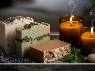 Natural Handmade Soap Bars with Aromatic Candles and Fresh Mint Leaves in Cozy Setting