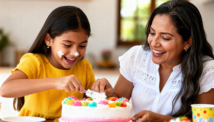 Happy mother and daughter celebrating a birthday together. Playful girl with frosting on her face cutting a colorful cake with her mom. Joyful family moment at a party