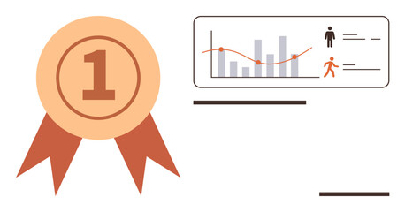 Numbered prize medal and data insights chart showing trends, bar graph, performance, and figures. Ideal for rewards, achievement, success, statistics, competition recognition tracking simple flat