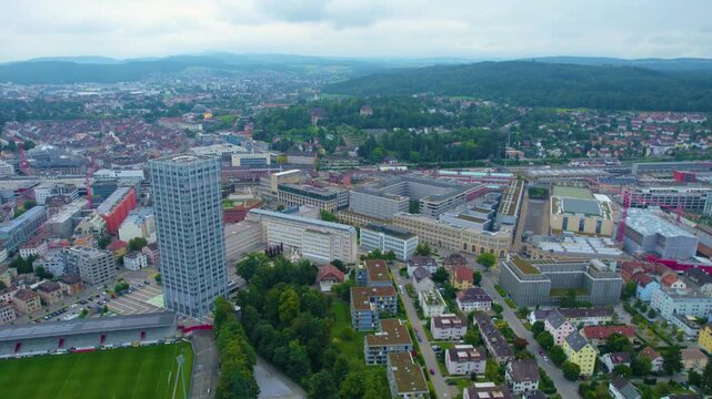 Aerial panoramic view of the old town city Winterthur in Switzerland on a cloudy morning day in summer
