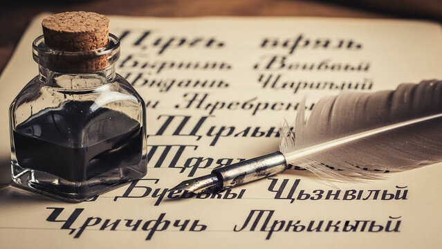 Ink bottle and feather pen beside sheet of Cyrillic calligraphy practice strokes, warm vintage style.