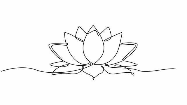 Lotus flower continuous one line drawing. Wellness concept in simple linear style. Continuous one line drawing of a lotus bud on white background, full length animation video, motion graphic.