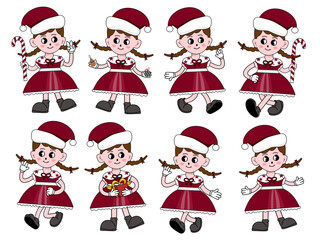 Eight cartoon girls in santa outfits holding christmas items perfect for holidaythemed designs, greeting cards, social media posts, and invitations.