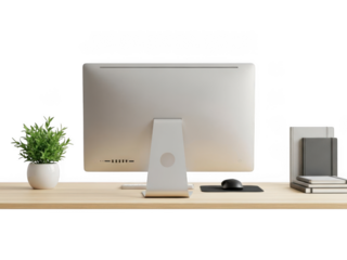 Modern all-in-one computer setup with plant and books for productive workspace transparent background