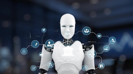 A humanoid robot engages with various digital icons, symbolizing the intersection of technology and human interaction, showcasing innovation and future possibilities. Synapse - Powered by Adobe