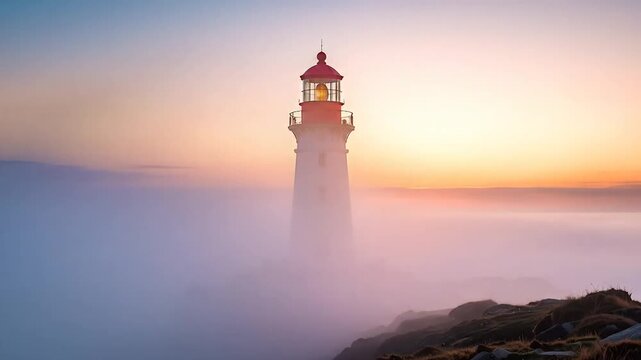 Dramatic lighthouse stands tall amidst the sea of fog during a breathtaking sunset