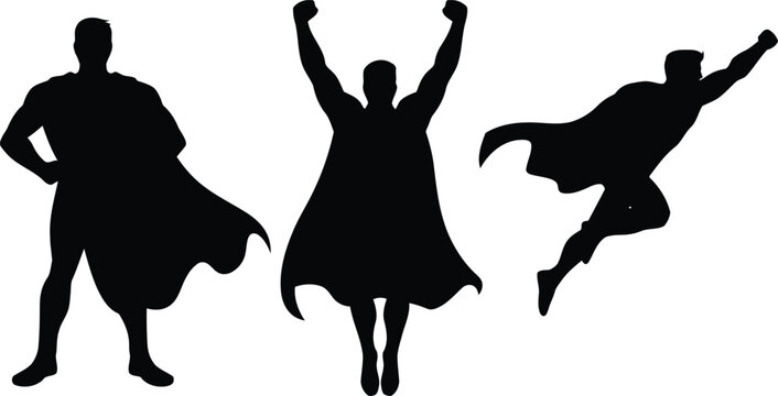 Collection of powerful male superhero silhouettes in standing, triumphant, and flying poses with flowing capes