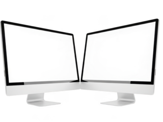 Two modern computer monitors displaying blank white screens in a sleek design transparent background