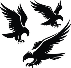 Black aggressive eagle hawk or falcon silhouette vector icon set in flight with wings spread and talons extended.