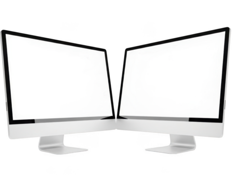 Two modern computer monitors displaying blank white screens in a sleek design transparent background