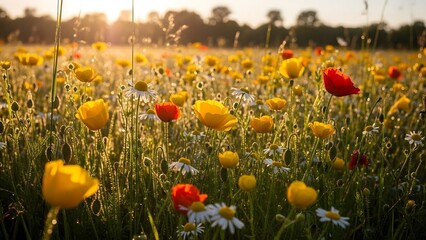 Bright Field of Yellow and Red Poppies and Daisies During Sunset in Summer
