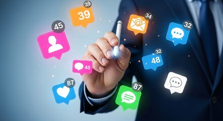 Business Hand with Digital Stylus and Floating Social Media Notification Icons