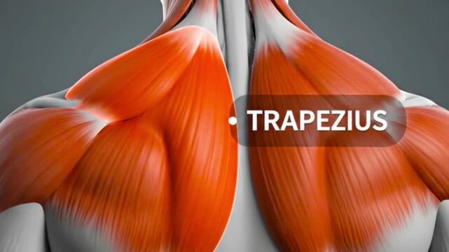 Anatomical illustration showcasing the trapezius muscle in orange with a gray background and text