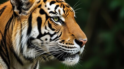 Fototapeta premium A stunning close-up profile view of a majestic Bengal tiger, showcasing its striking orange and black striped fur.