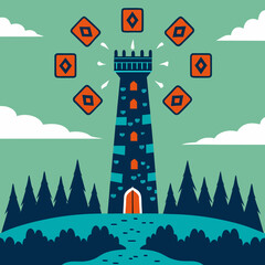 Naklejka premium Mystical tower with diamond symbols in a forest landscape