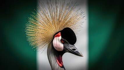 Naklejka premium A magnificent portrait of a Gray Crowned Crane against the backdrop of the Nigerian national flag.