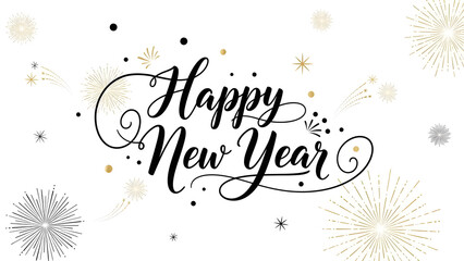 Happy new year text with gold and black dots with firework elements on a white background design.