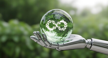 Robotic hand holding a crystal ball with a green circular economy symbol reflecting nature against a blurred forest background