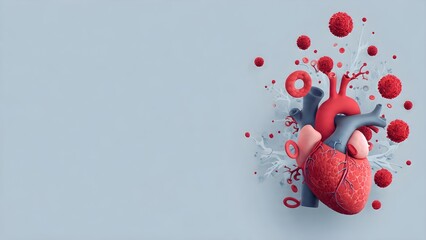 Vibrant 3D Human Heart Illustration with Abstract Blood Flow Elements on a Medical Background