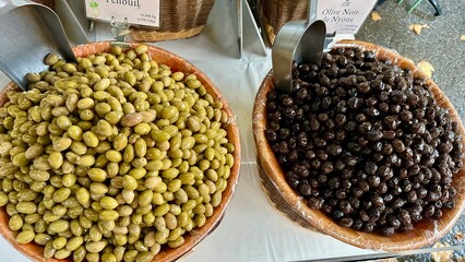 Green and Black Olives at the Market