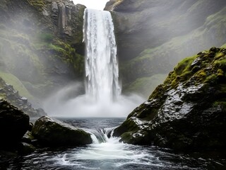 Majestic Waterfall Falling Into River Surrounded by Mossy Rocks and Green Cliffs in Natural Landscape