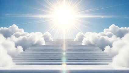 Heavenly stairway divine light path ascending clouds with shining rays and peaceful spiritual gateway atmosphere