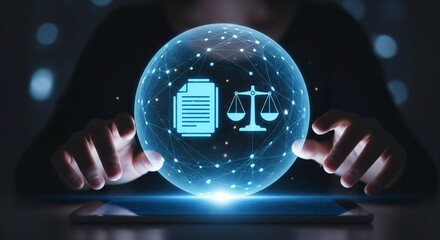 Holographic Compliance Sphere with Document and Justice Scales Above Tablet