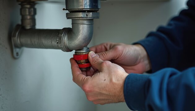 Hands of a technician tightening a red fitting on a metal water pipe under a sink. The repair worker is fixing plumbing under the kitchen counter. This close-up shows maintenance work on a pipeline.
