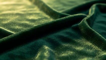 Green Velvet Fabric Draped Shimmering Luxurious Textile Closeup