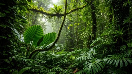 Lush Green Tropical Jungle Dense Foliage in Humid Rainforest