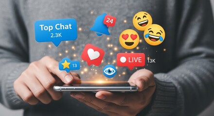 Smartphone with Floating Social Media Live and Notification Icons