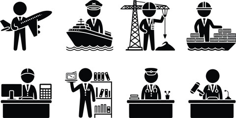 Diverse collection of black silhouette figures illustrating various professions including aviation, shipping, and legal services