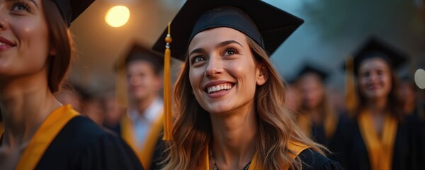 Group of smiling students in graduation gowns and caps. Woman enjoys university graduation ceremony. Graduates celebrate academic success, look up. Happy girl wear graduate robe at academic event.