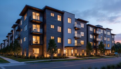 Modern apartment building facade shines at dusk. Contemporary residential complex features sleek wood siding, multiple levels, glass balconies. Illuminated windows create inviting urban living space.