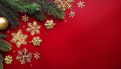 Elegant Christmas And New Year Greeting Card With Gold Snowflakes And Evergreen Branches On Rich Red Background For Holiday Celebrations And Seasonal Greetings