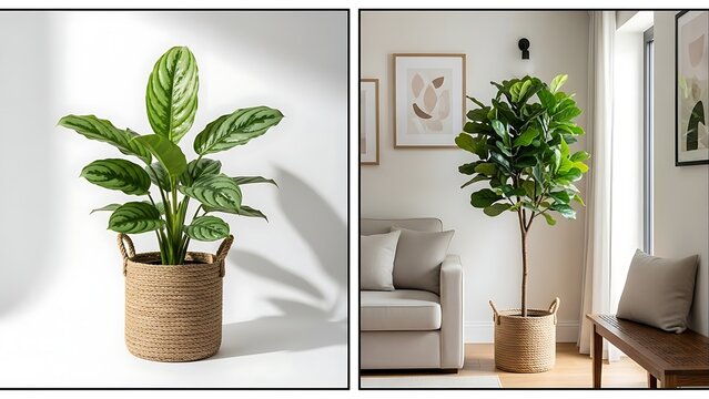 Indoor plants in woven pots, enhancing modern home decor with vibrant greenery and a touch of natural style