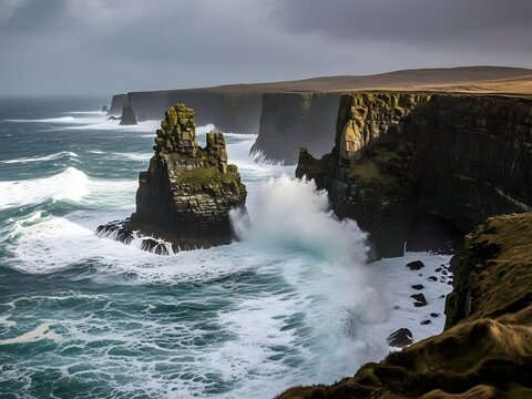 Dramatic Coastal Cliffs and Sea Stacks with Turbulent Ocean Waves Under Cloudy Sky