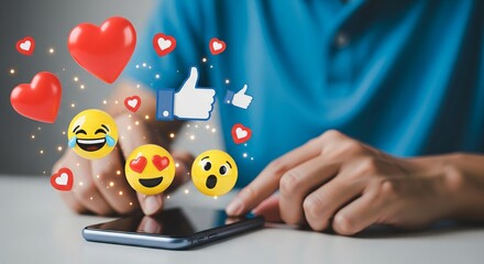 User Holding Smartphone with Floating Social Media Reaction Icons