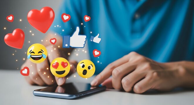 User Holding Smartphone with Floating Social Media Reaction Icons