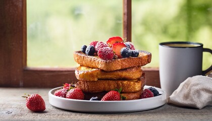 French Toast Stack With Berries And Coffee By The Window
