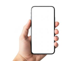 Hand holding blank screen smartphone for app promotion and mockup transparent background