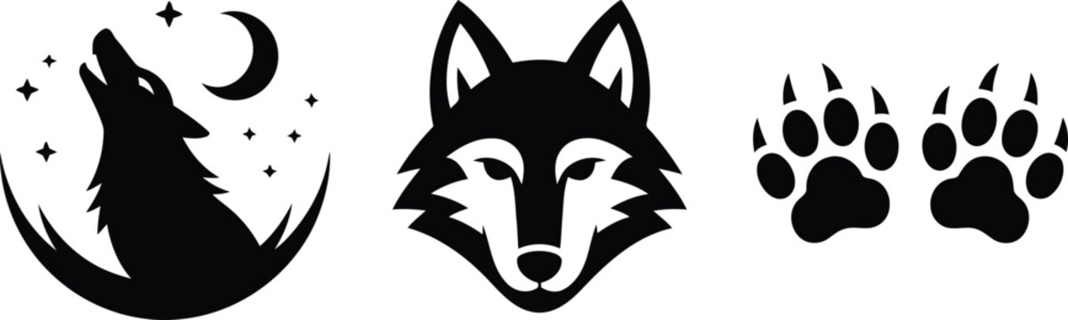 Dynamic black wolf silhouettes including a howling animal with stars, a full head, and detailed paw prints