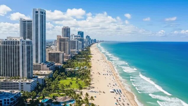 Aerial view of a sunny beach with turquoise water and highrise buildings in the background