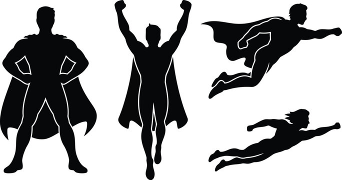Dynamic set of four superhero figures with white outlines showcasing readiness, soaring motion, and powerful flight